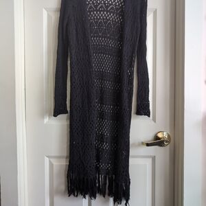 Black 2010s boho open knit or crochet duster cardigan with fringe